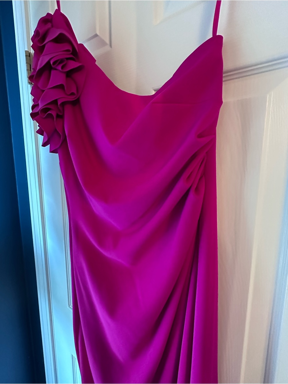 Xscape One-Shoulder Ruffle Fuchsia Gown - Picture 3 of 7